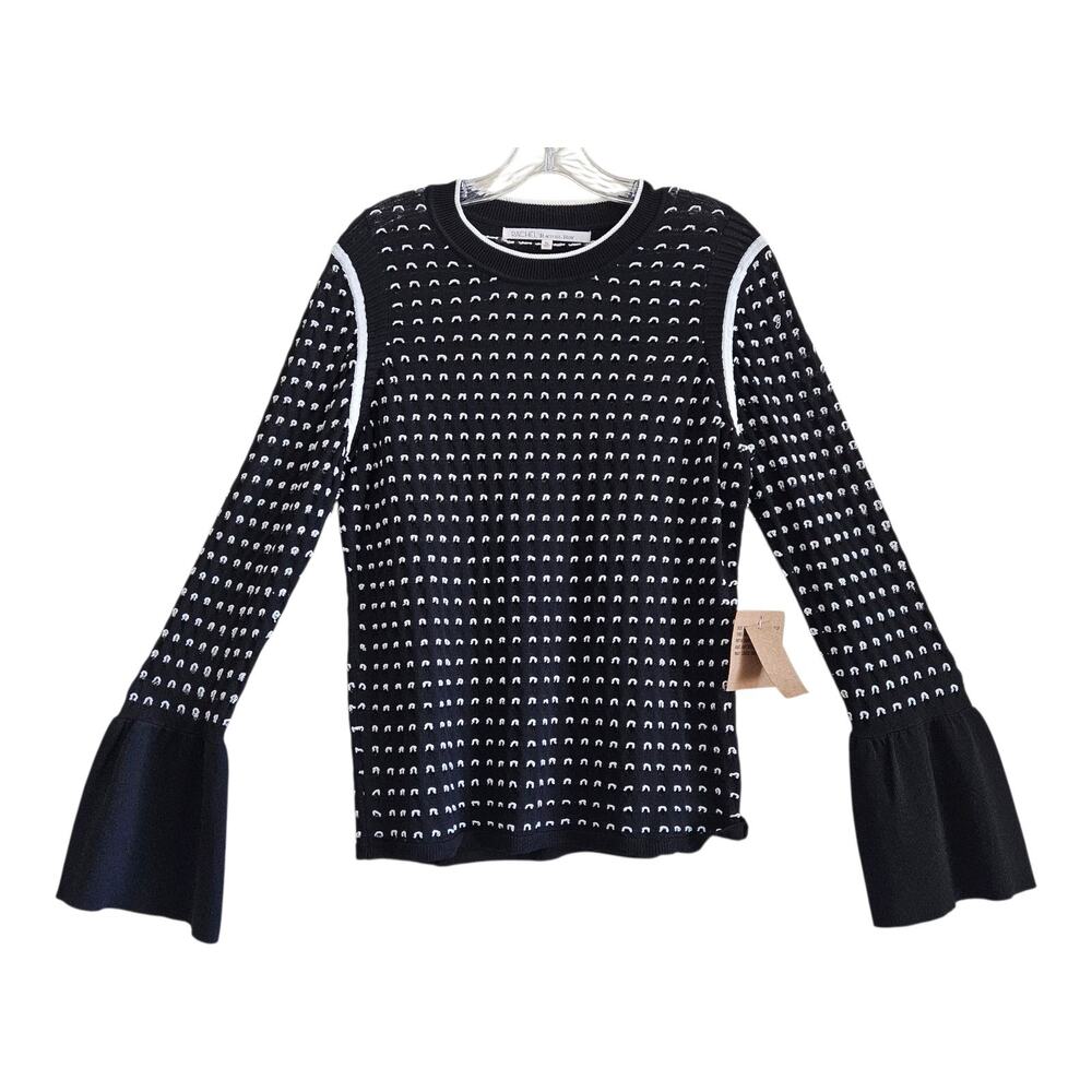 RACHEL ROY Women's L XL Sweater Black White Open Weave Bell Cuff 38" NEW